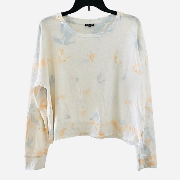 Splendid Tye Dye Speckled Long Sleeved Pullover Cropped Top Sweater (Off-White) - Picture 1 of 3